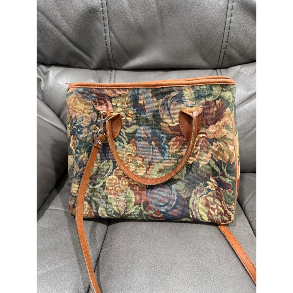 Smithsonian Institution Floral Tapestry Satchel Bag Leather Trim Crossbody Tan